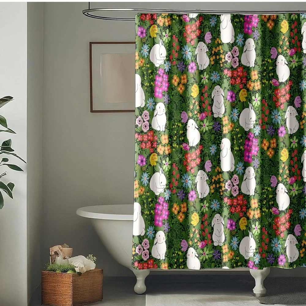 Shower Curtain Bunnies Kids Easter Bunny Spring Floral Washable Waterproof FCT